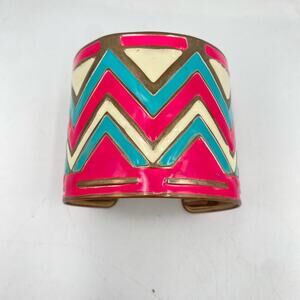 Wide Colorful Zig Zag Cuff Bracelet, Chunky Wide Pink and Blue Enamel Bracelet